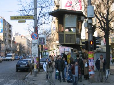 Sofia street scene. Notice the police box which is at all major crossings