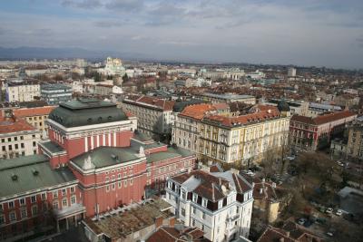 view onto Ivan Vazov Theatre building red on left and rest of Sofia