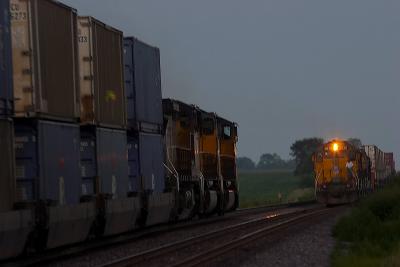 UP trains meet at sunset