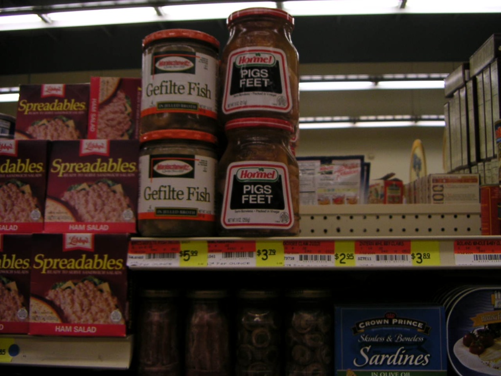 culture melding at the IGA-gefilte fish and pigs feet side by side