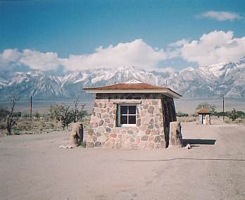 Built by stonemason-internee Ryozo Kado,This guardhouse would have been the first thing seen by internees arriving at Manzanar.  It is one of the few buildings that still remain.