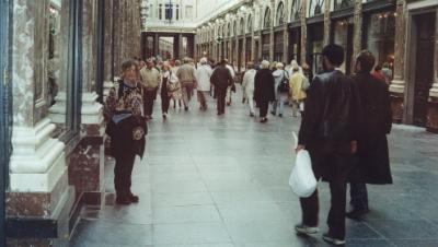 Judy in Galleries Royales St. Hubert. An indoor mall, built in 1847 so upper crust of Brussels could shop dry.