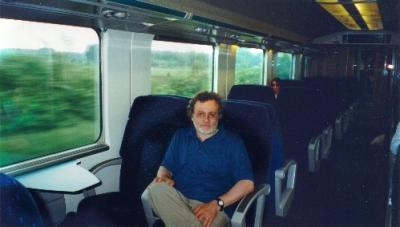 Richard on the train from Bruges to Brussels for a day excursion in Brussels.