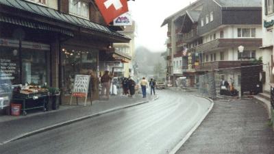 A street in Wengen. There are no cars in this town. There are no access roads to it from below.