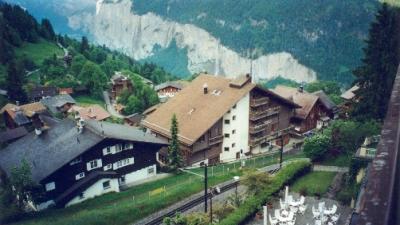 View of Wengen from our hotel room balcony. The Lauterbrunnen valley is in the background.