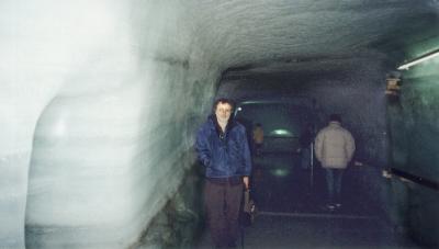 Richard at the Eispalast (Ice Palace). These caverns were cut 65 feet below the Aletsch Glaciers surface.