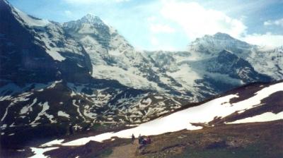View of the Alps while on the trail from Mannlichen to Kleine Scheidegg. Trail is seen in foreground.