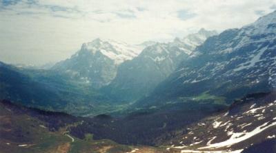 View of the Alps while on the trail from Mannlichen to Kleine Scheidegg. Trail is seen in lower left.