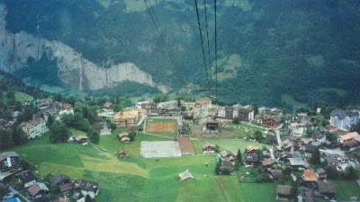 View from the gondola going from Wengen to Mannlichen. Wengen and the Lauterbrunnen Valley (left) are in the background.