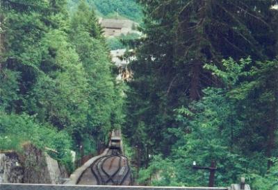 On the funicular from Lauterbrunnen to Grutschalp. Supplies brought up mountain on attached cart. (1)