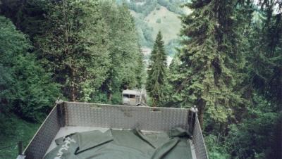 On the funicular from Lauterbrunnen to Grutschalp. Supplies brought up mountain on attached cart.