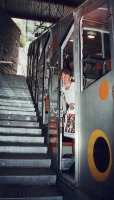 Judy on the funicular at Lauterbrunnen, going to Grutschalp.