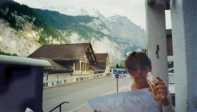 Judy eating fondue dinner in Lauterbrunnen. Arrived in Lauterbrunnen via funicular after taking trail from Murren to Grutschalp.