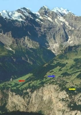 Murren (blue arrow) and Gimmelwald (red arrow): We took the trail from Murren to Grutschalp on mountain ridge (yellow arrow).