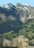 Murren (blue arrow) and Gimmelwald (red arrow): We took the trail from Murren to Grutschalp on mountain ridge (yellow arrow).