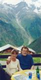 Judy and Richard - lunch in Gimmelwald. The Alps are in the background.