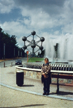 Judy at the Atomium in Bruparck. The Atomium was built for the 1958 World's Fair in Brussels.