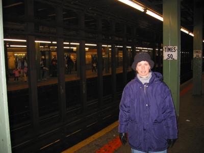 Chelle waiting for the #1 or #2 subway train to take us to the 79th street subway station on the upper west side.