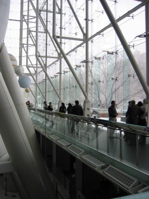 A view of the glass wall on the second floor of the Rose Center for Earth and Space.