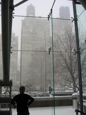 A view of Chelle set against the snowy background conditions from within the Rose Center for Earth and Space.