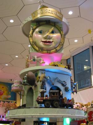 View of a huge toy clock in FAO Schwarz.