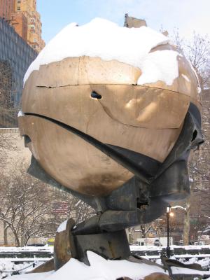The SPHERE, a 45,000 pound steel and bronze sculpture by artist Fritz Koenig now sits in Battery Park as a temporary memorial.