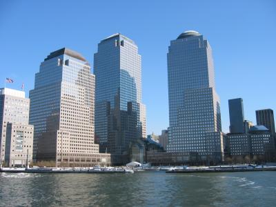 A view of #2 and #3 World Financial Center buildings that sustained major structural damage. Mercantile Exchange (far left).