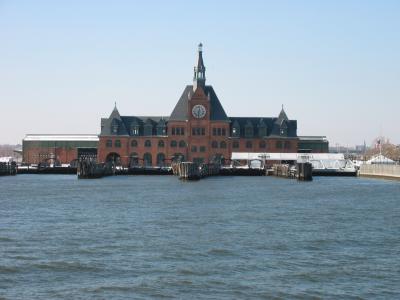 A closeup view of a dock building on Ellis Island (http://www.ellisisland.org).