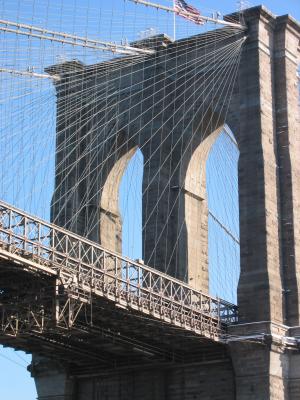 Closeup of the Brooklyn Bridge.