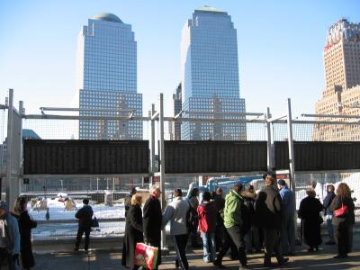 A wide view of the Ground Zero viewing wall. The plaques have the names of the persons killed on September 11, 2001.