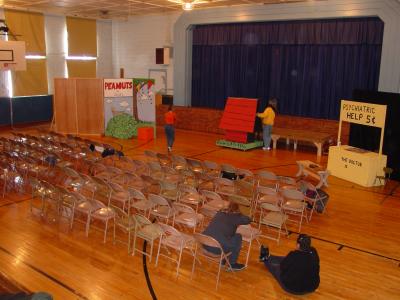 90 chairs on floor + bleachers in the back...Ready for the crowds