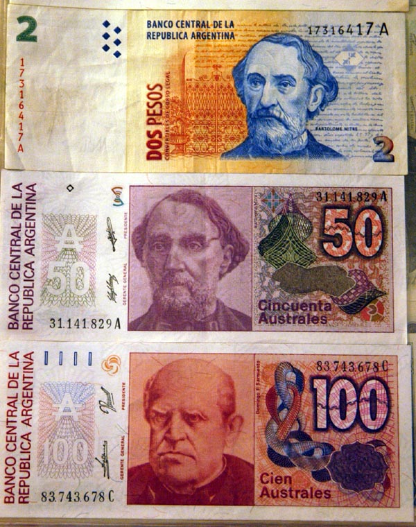 Be cautious against receiving a worthless Australe note, the previous Argentine currency, instead of a current Peso note