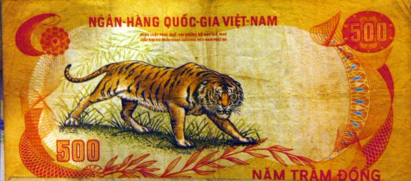 Tiger on the back of an old South Vietnamese 500 Dong note