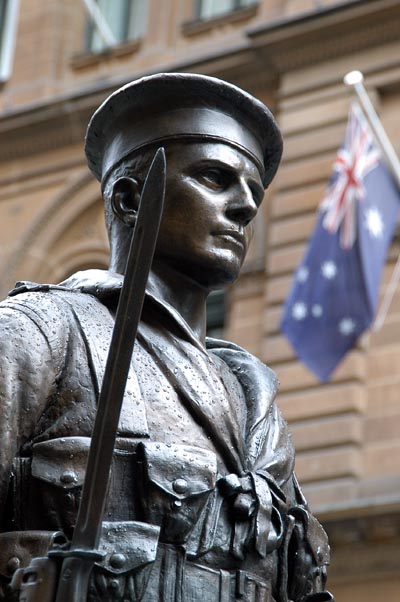 Bronze sailor guarding the Cenotaph War Memorial