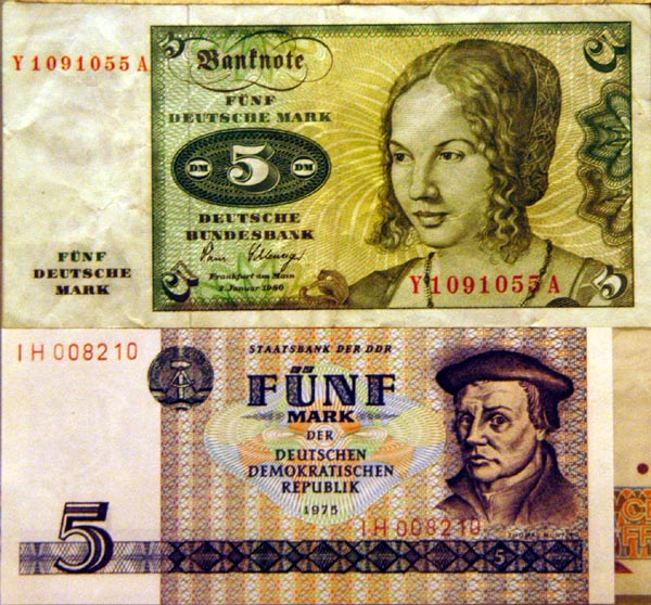 West German 5 Deutsche Mark note and East German 5 Mark note