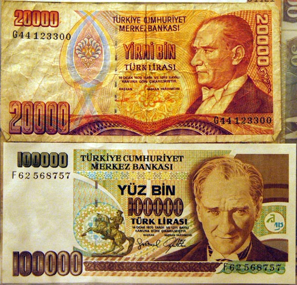 The basically worthless Turkish lira will soon lose 6 zeros (120,000 TL = 8 US cents)