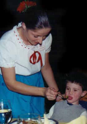 Zachary and our server at dinner, Alexandra