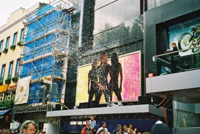 Charlies Angels Billboard with Bubbles blowing.