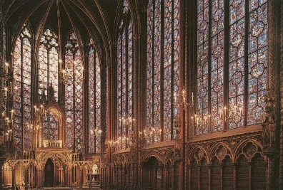 St. Chapelle Church interior: 15 huge stained glass panels with more than 1,100 different scenes from Christian bible.
