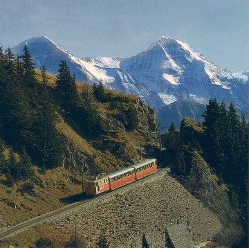 Train going from Kleine Scheidegg to the top of Jungfrau. Train line built over 16 years (round the clock), starting in 1896.