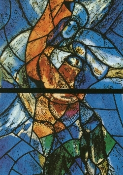 Isaiah receiving the Message of Peace - part of Law Window. Stained glass window by Marc Chagall in Fraumunster Church.