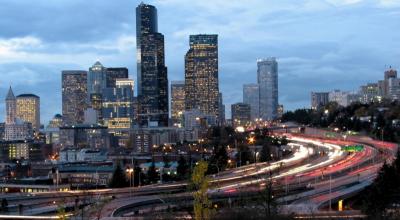 Seattle Skyline and I-5 at Twilight