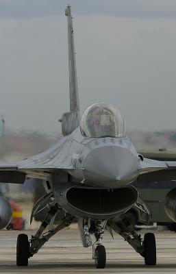 The unmistakable shape of an F-16 Fighting Falcon