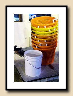 Ready for Morning--(Stacked Seafood Baskets on Boat at Night)