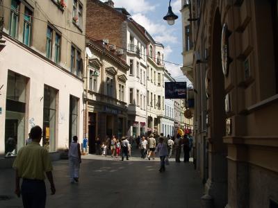 Ferhadija street, the main pedestrian street, lined with cafes and boutiques.