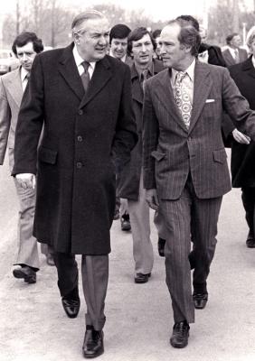 Trudeau and British Prime Minister walking to External Affairs on Sussex Drive in Ottawa