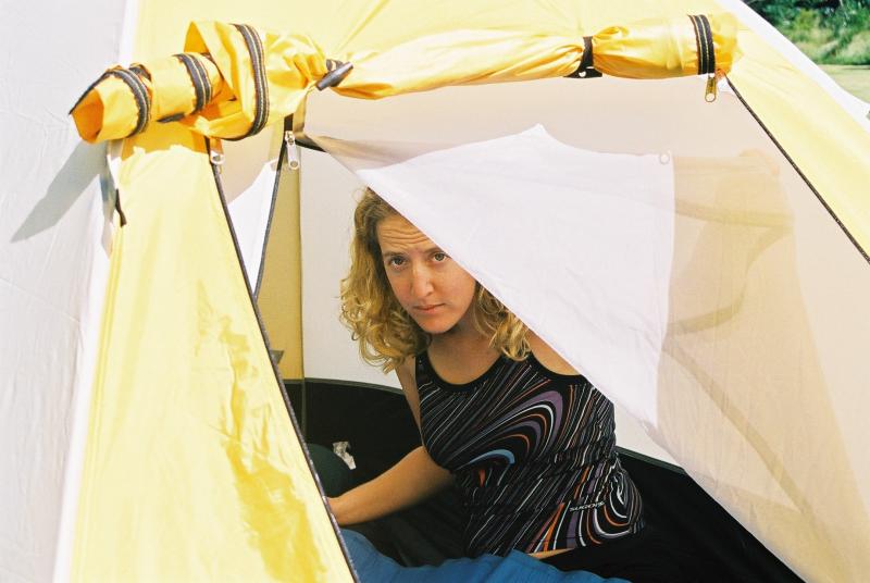 M loves the tent in the morning, especially when she hasnt had coffee yet.