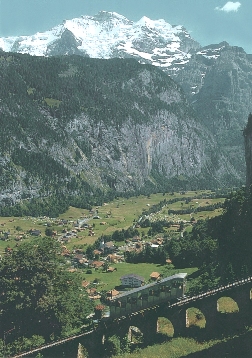 The funicular going from Lauterbrunnen to Grutschalp. The Lauterbrunnen Valley is in the background.