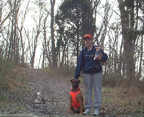 Kim with the doggies on the downhill trail.
