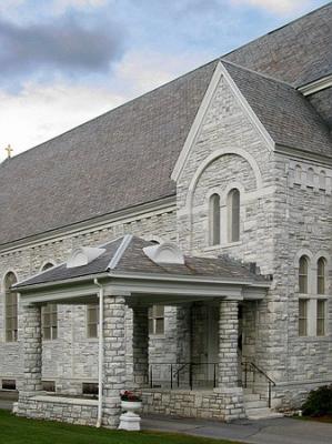 Side view of stone church